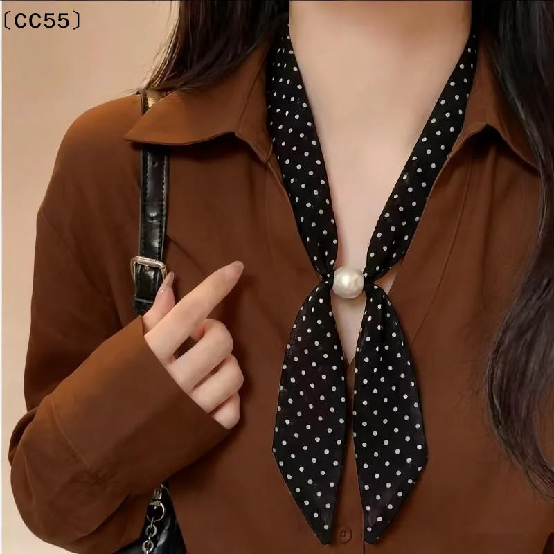 Vintage Polka Dot Chiffon Beaded Neck Scarf for Women Neck Scarf Qst