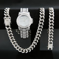 Men's Rhinestone Watch Necklace Bracelet Set – 3-Piece Gift Jewelry Watch Set Qme silver set