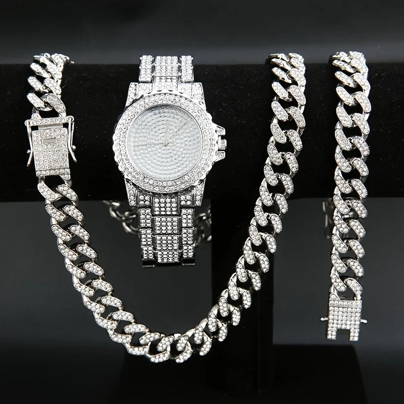 Men's Rhinestone Watch Necklace Bracelet Set – 3-Piece Gift Jewelry Watch Set Qme silver set