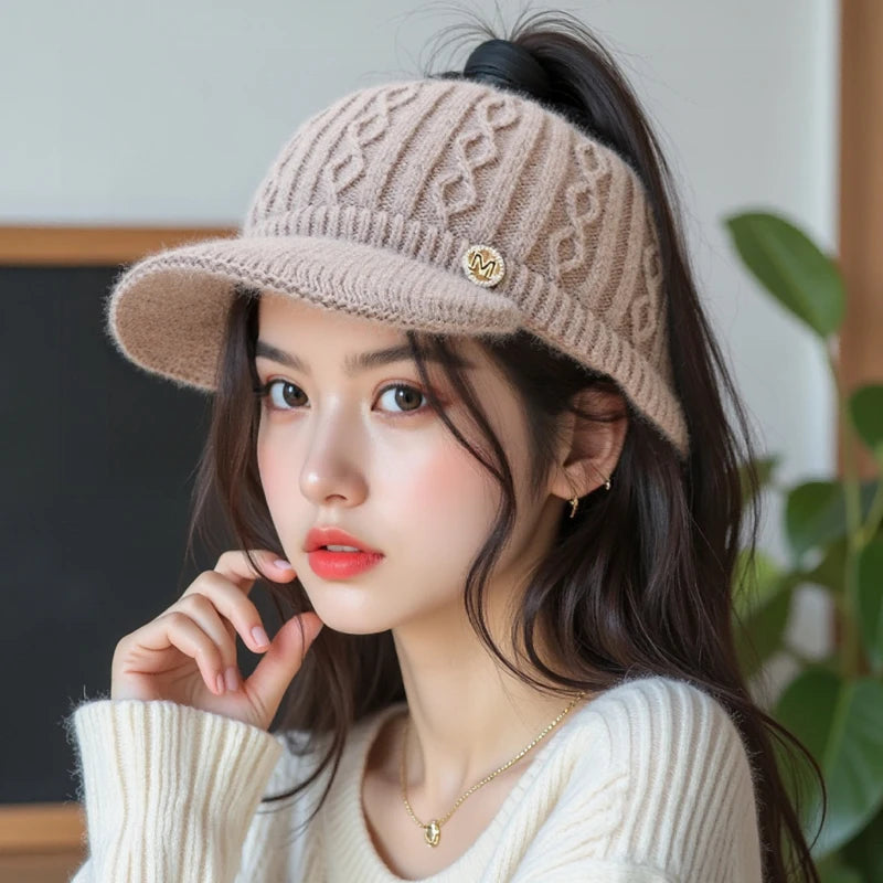 Women's Hollow Knit Top Hat – Warm Ear Protection Beanie Knitted Winter Hat Qst one size Coffee