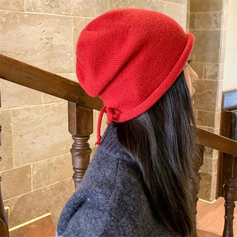Star Pattern Drawstring Knit Beanie – Women's Winter Hat Knit Beanie Hat Qst
