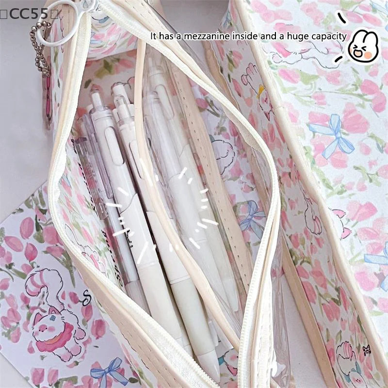 Tulip Kitten Transparent Pencil Case – Large Capacity Pouch Pencil Case Pouch Qst