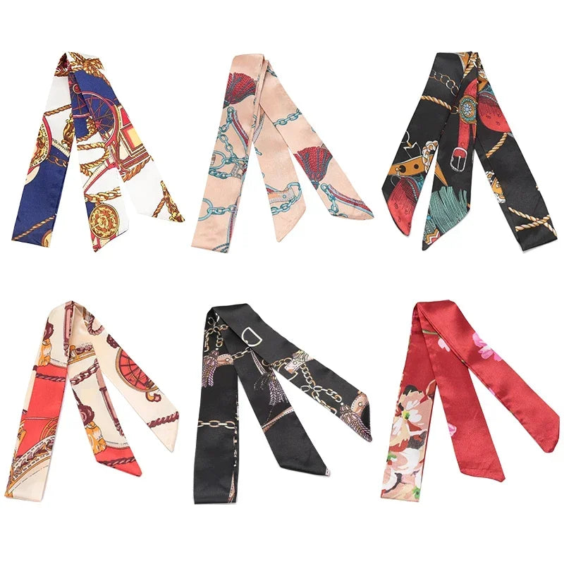 Women's Skinny Ribbon Scarf – Printed Polyester Hair Tie Ribbon Hair Scarf Qme