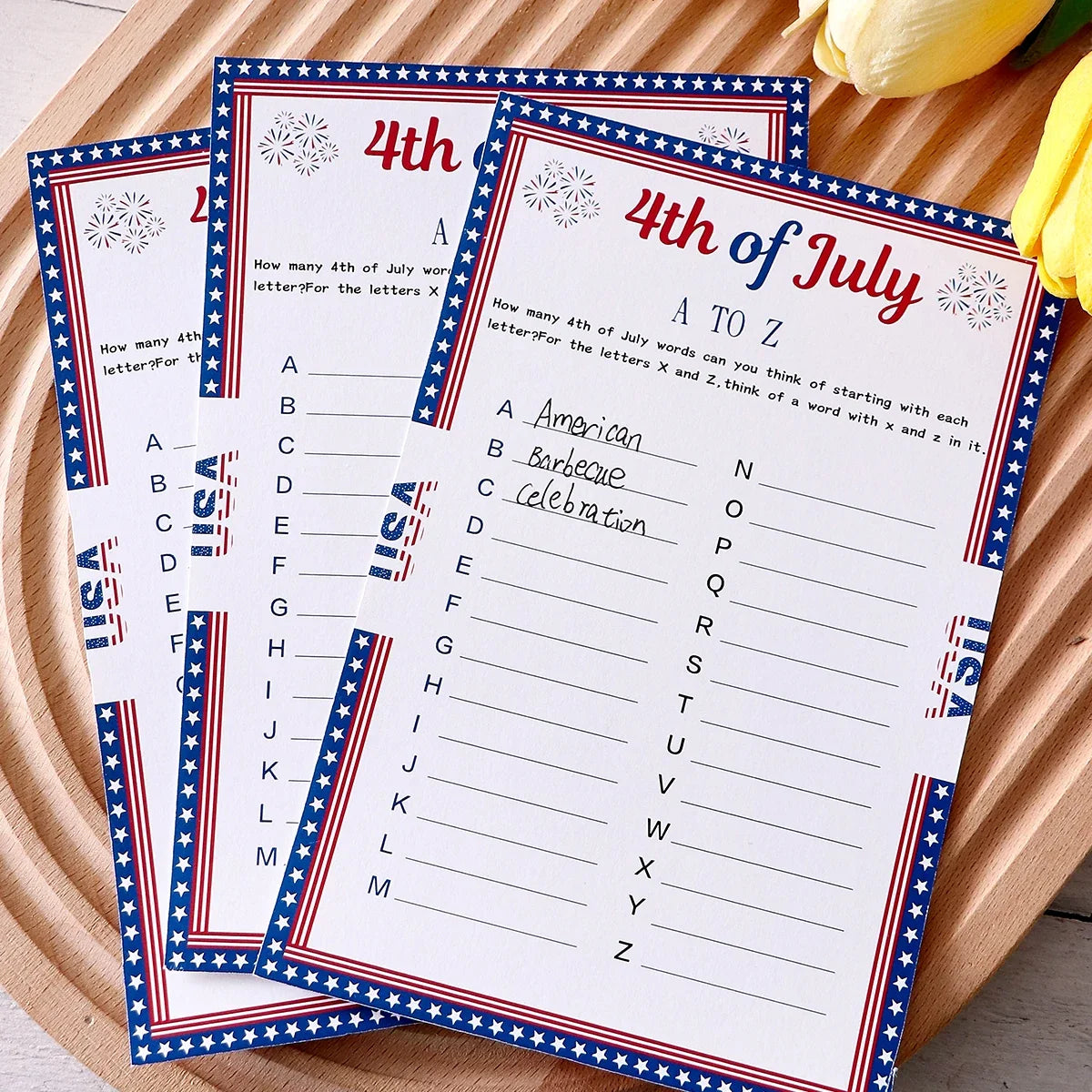 Independence Day A–Z Game Cards with Star Borders | Qme Party Game Cards Qme