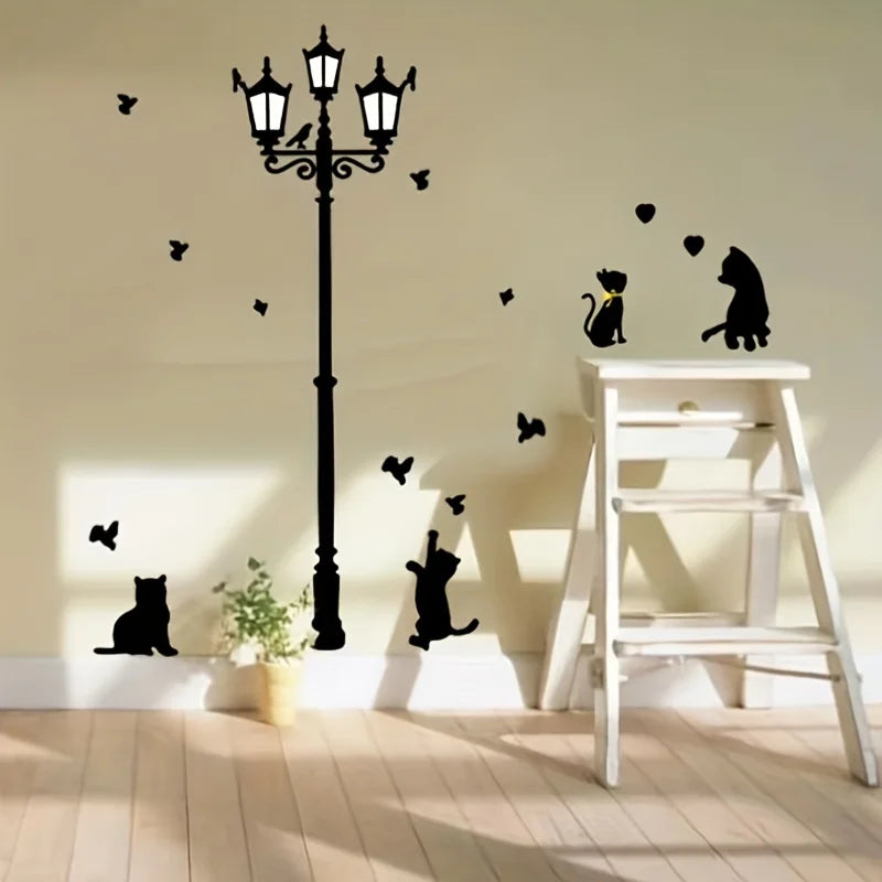 Black Cat Street Lamp Cartoon Wallpaper | Home Wall Décor Decorative Wallpaper Qme