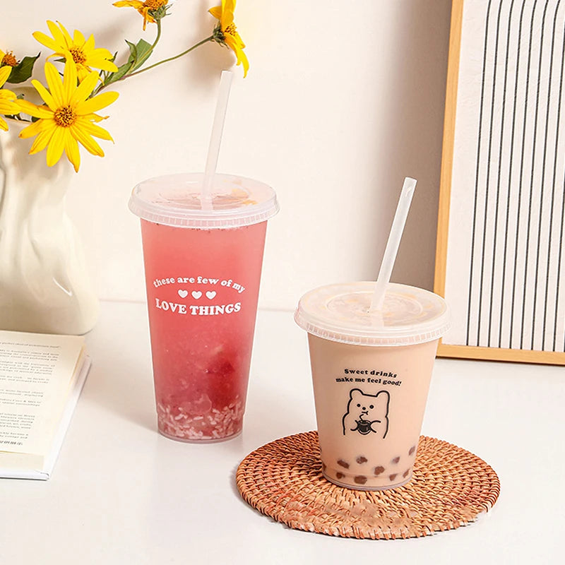 Kawaii Transparent Plastic Cup with Straw Lid – Reusable Reusable Straw Cup Qst