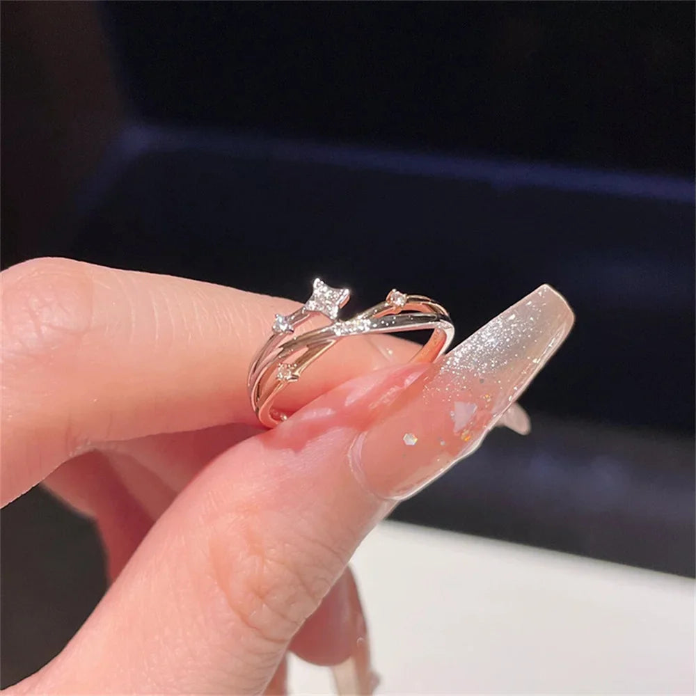 Women's Cubic Zirconia Star Ring – Minimalist Adjustable Charm Cubic Zirconia Ring Qme resizable WHITE