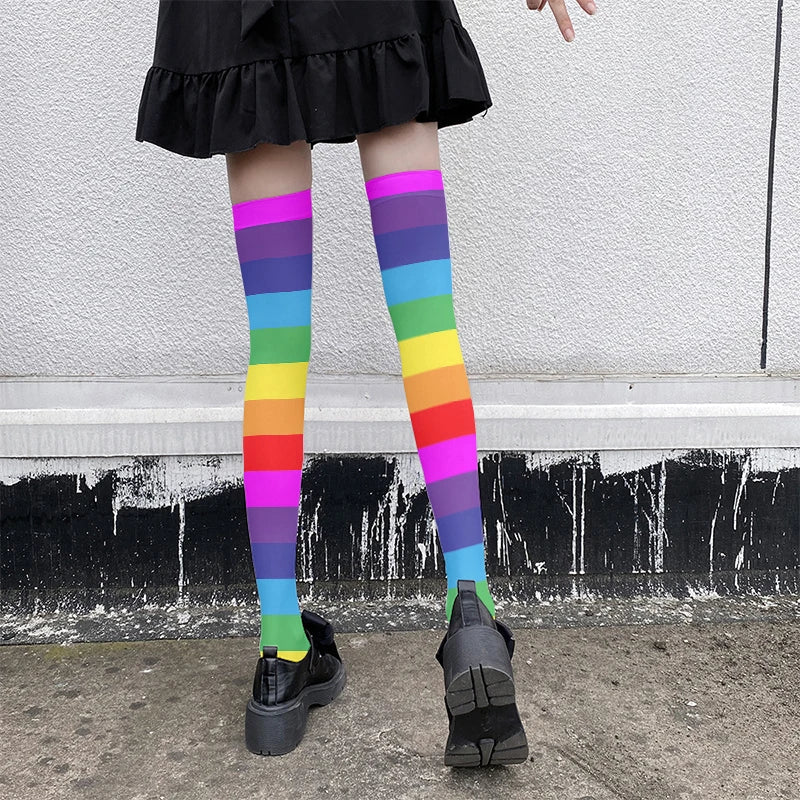 Rainbow Striped Thigh High Stockings | Kawaii Multicolor Hosiery Thigh High Stockings Qme
