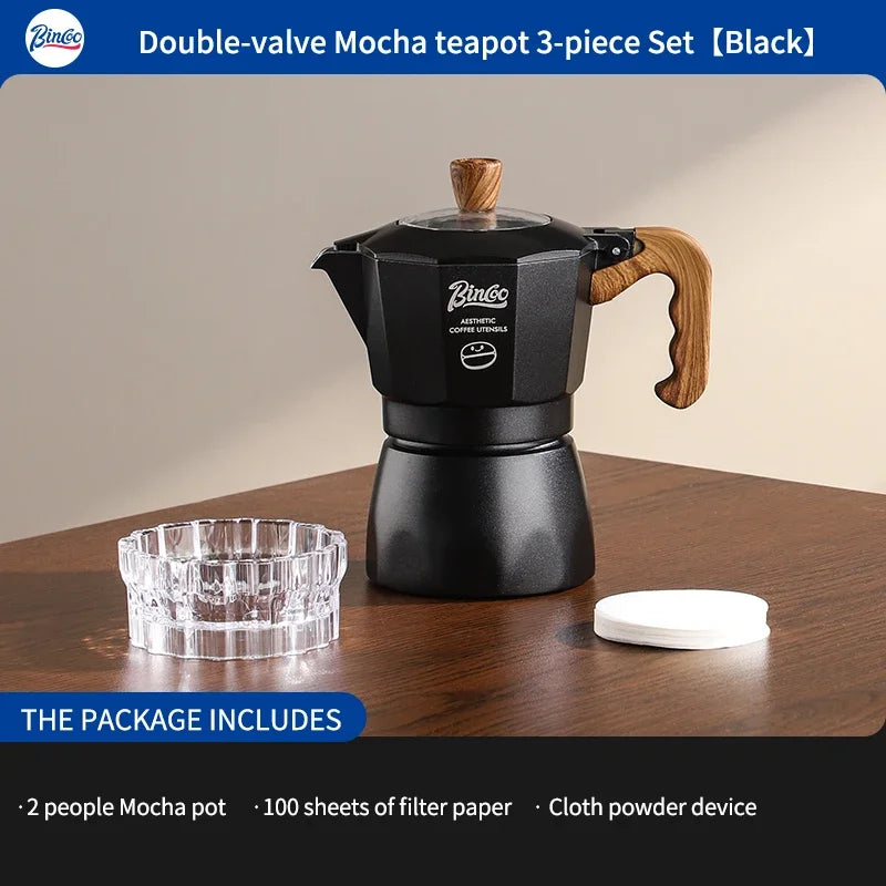 Bincoo Dual Valve Moka Pot Espresso Set with Electric Stove Moka Pot Set Qst 3pcs set black