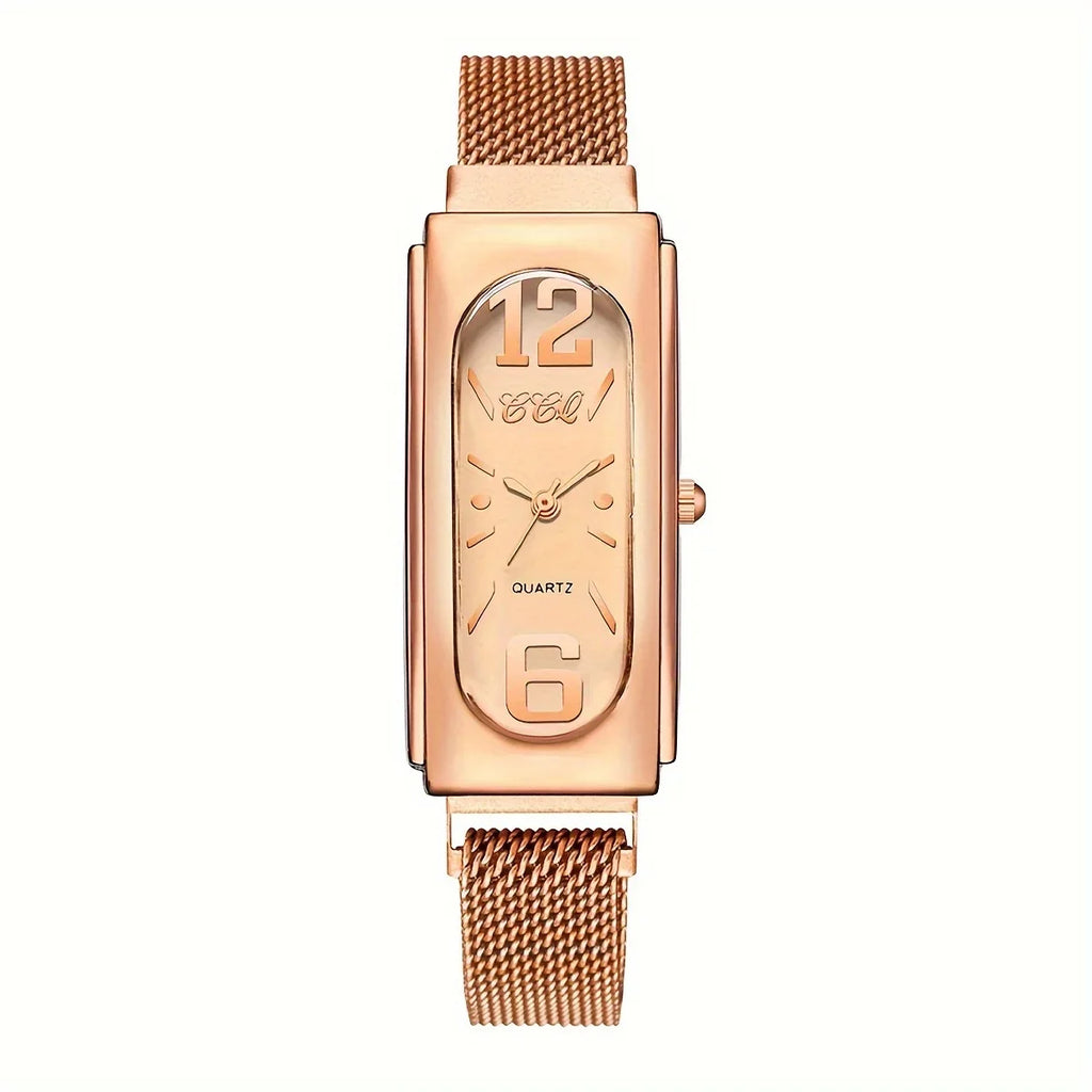 Ladies' Rectangular Dial Quartz Watch – Steel Mesh Strap Women's Fashion Watch Qme