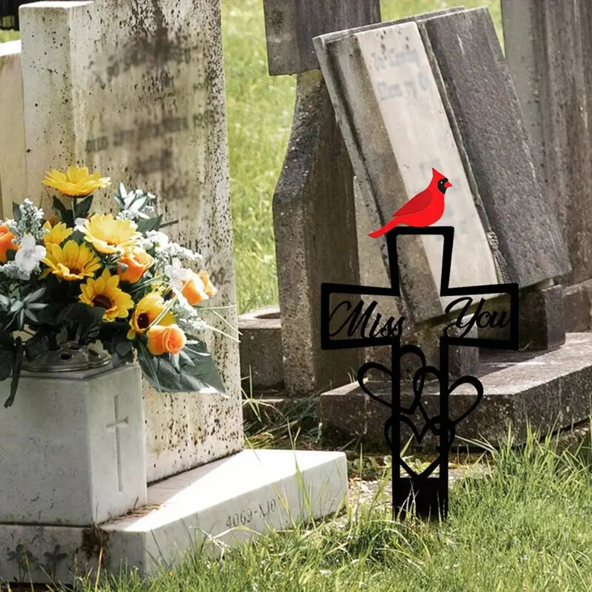 Metal Cardinal Memorial Plaque – Red Bird Cross Grave Marker Memorial Grave Marker Qme