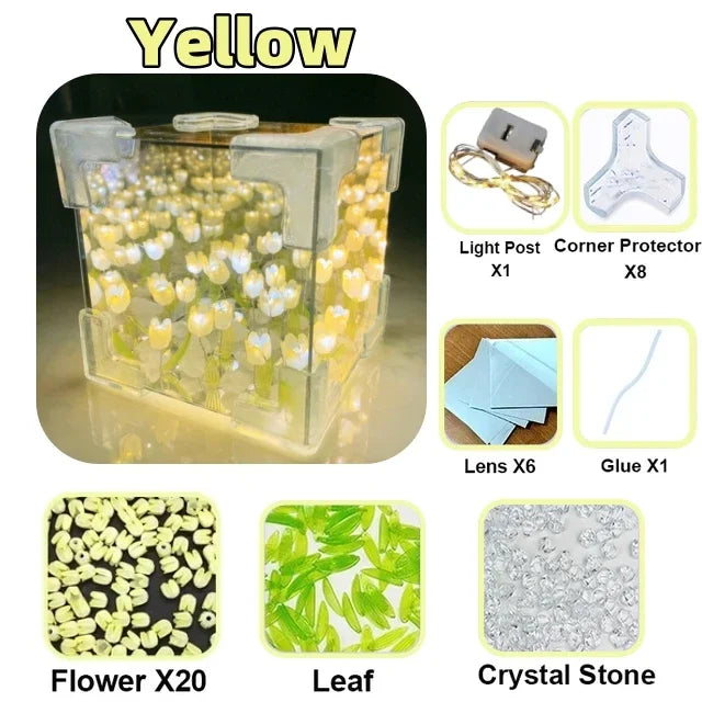 DIY Tulip Mirror Cube Lamp – Simulation Flower Night Light DIY Decorative Lamp Qme YELLOW 20 Tulips 8cmx8cm