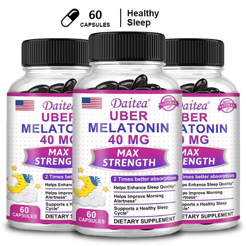 Daitea Super Melatonin 40mg Capsules – Vitamin C & Lemon Balm Sleep Support Supplement Qst 60count-3bottle