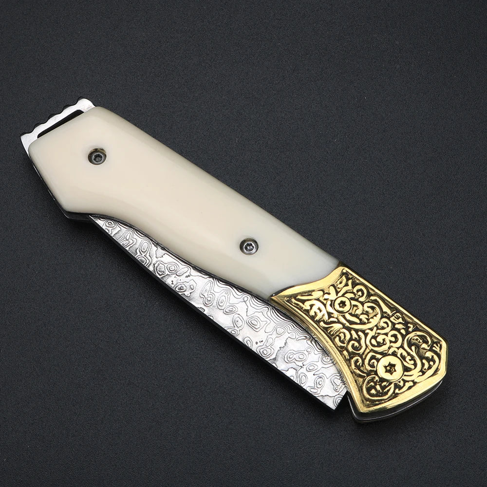 VG10 Damascus Folding Knife – Ox Bone & Brass Pocket Knife Folding Pocket Knife Qst