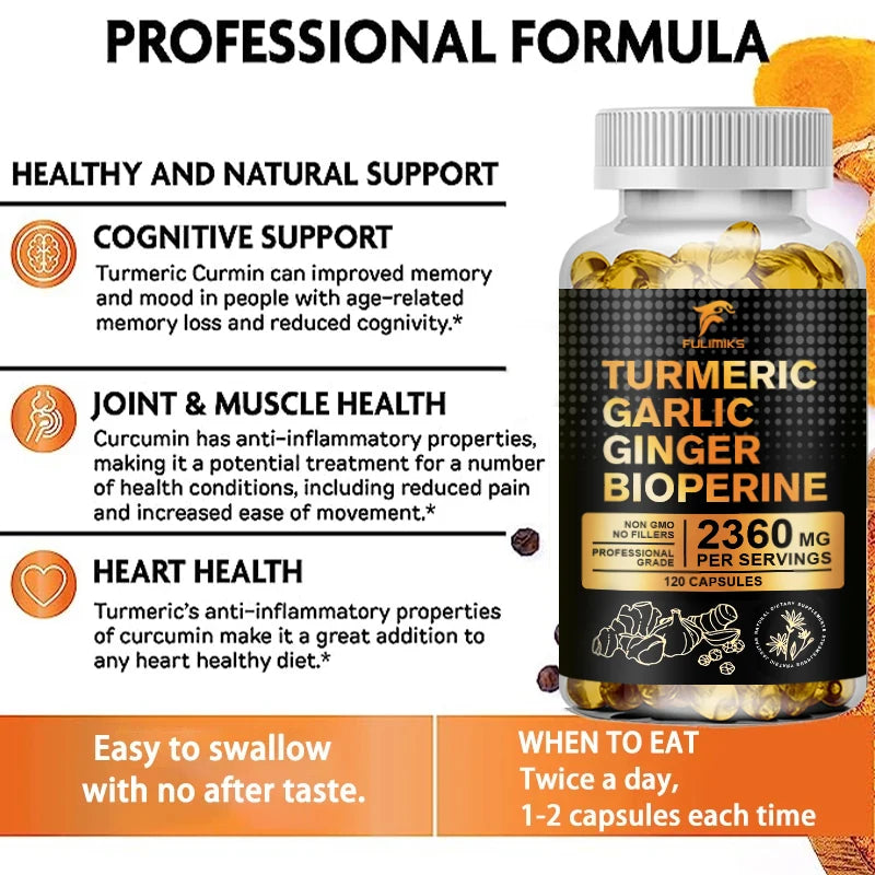 FULIMIKS Turmeric Capsules – Ginger, Garlic & Bioperine 120ct Herbal Supplement Qst