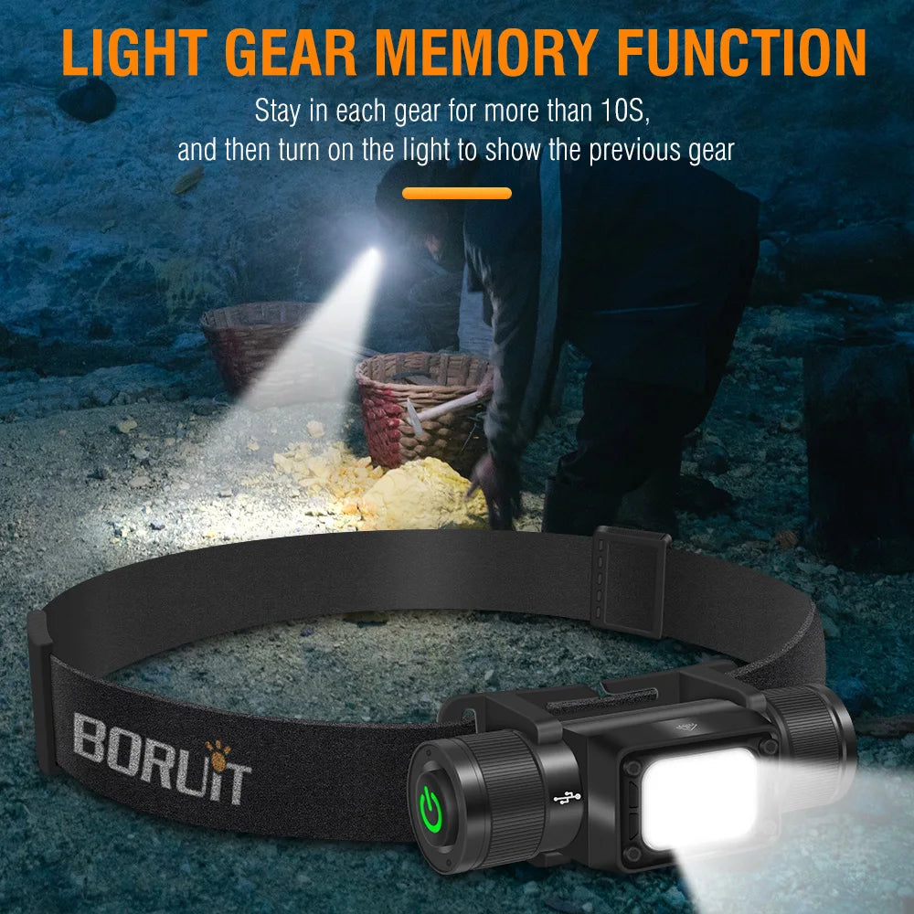 BORUiT HP350 800LM LED Headlamp – Type-C Rechargeable, IP65 LED Headlamp Qst