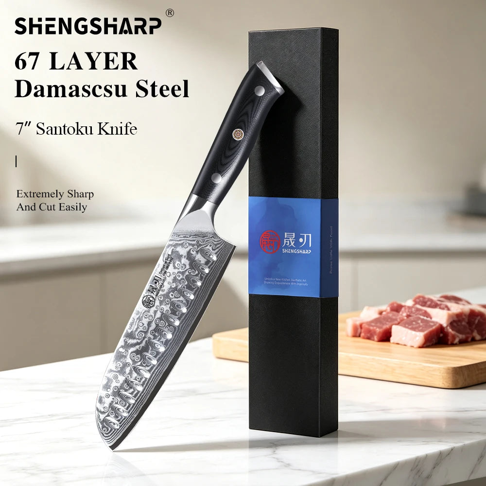 SHENGSHARP 7" Damascus Steel Santoku Knife – Japanese Chef Knife Santoku Chef Knife Qst