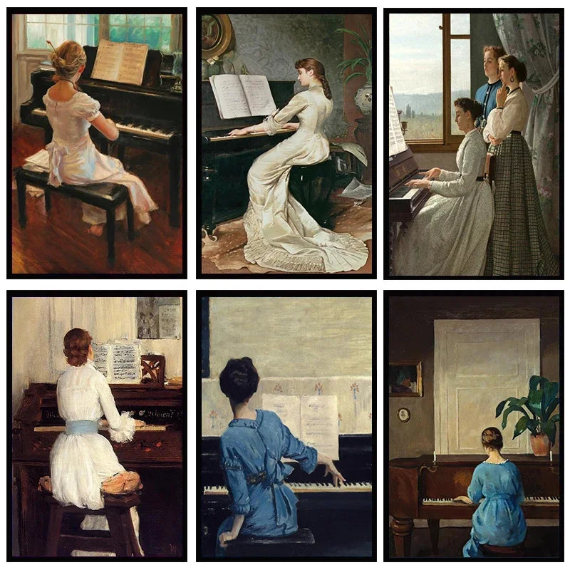 Vintage Piano Girl Aesthetic Canvas Wall Art Poster Print Canvas Wall Art Qst