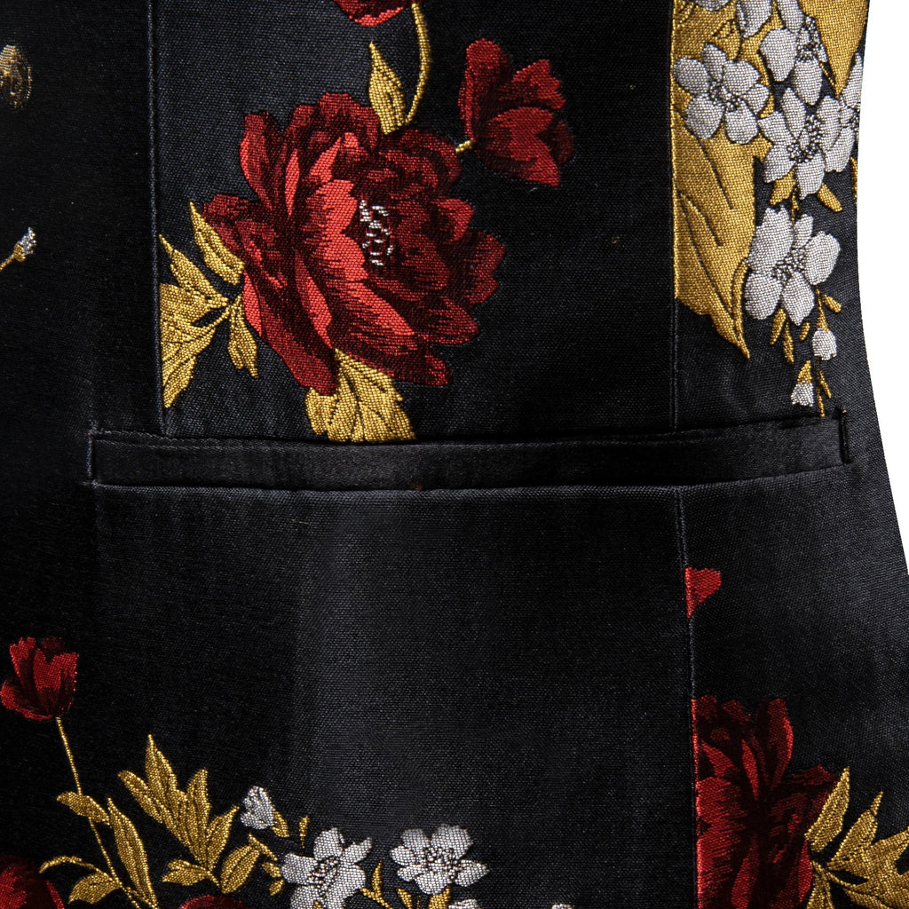Men's Floral Jacquard Shawl Lapel Blazer – Black Gold Red Floral Jacquard Blazer Qme
