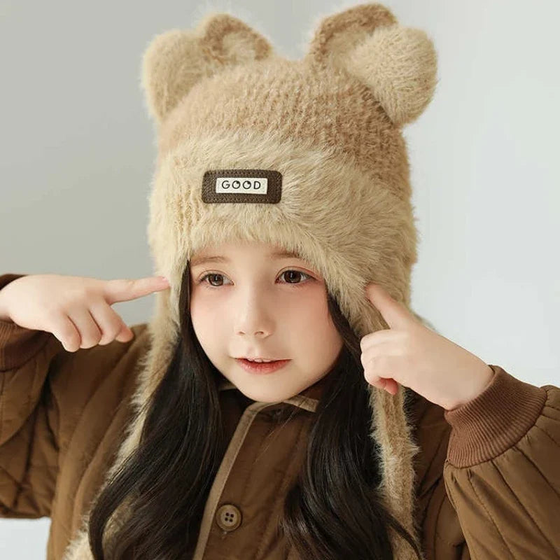 Girls' Bear Fleece-Lined Knitted Ear Flap Winter Hat | Qme Kids Winter Hat Qme