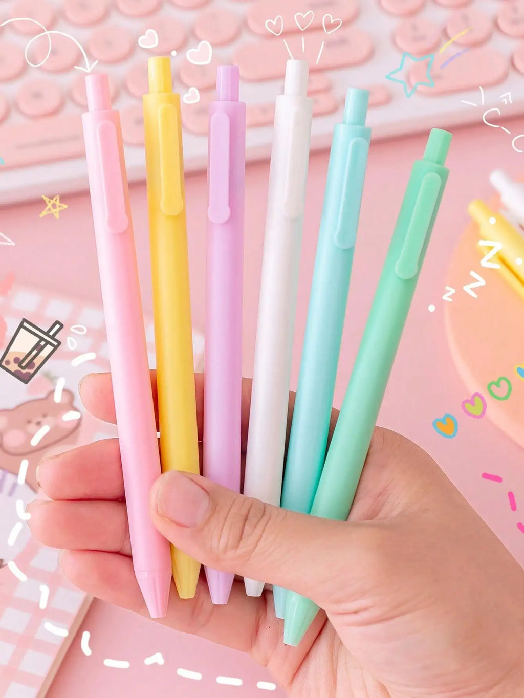 6-Pack Macaron Retractable Gel Pens | 0.5mm Quick-Dry Black Ink Gel Pen Set Qme