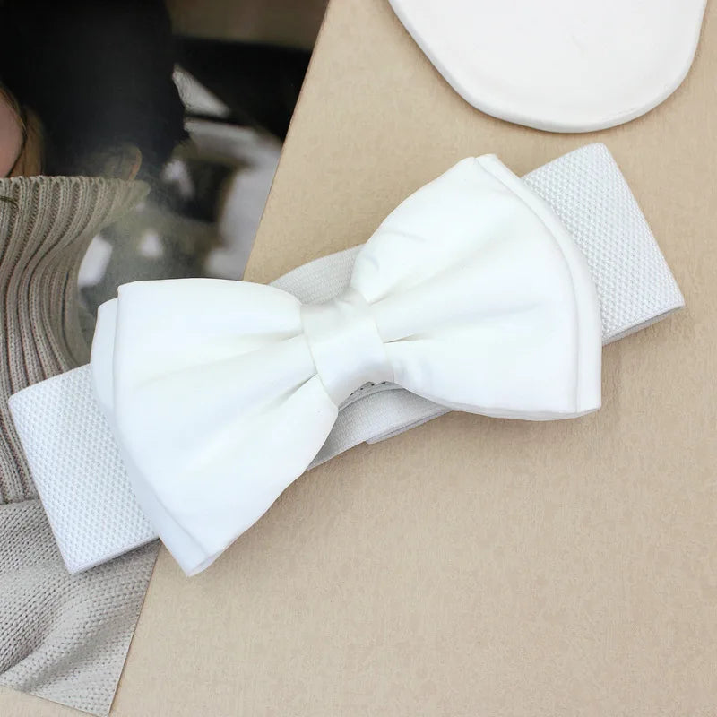 Women's Elastic Wide Bowknot Cummerbund Waist Belt Cummerbund Waist Belt Qst White