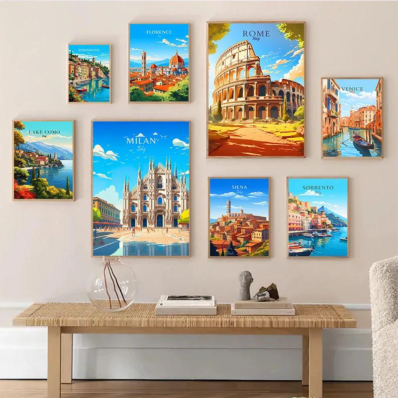 Italy City Canvas Wall Art – Colorful Fantasy Travel Poster Canvas Wall Art Qst