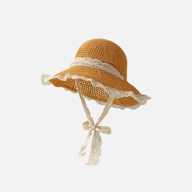 Women's Foldable Wide Brim Lace Straw Beach Sun Hat Wide Brim Sun Hat Qst one size khaki