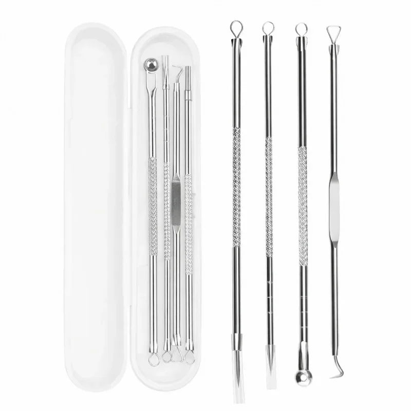 Blackhead Comedone Extractor Tool Set – 4-Piece Pore Cleaner Skin Care Tool Set Qme Silver