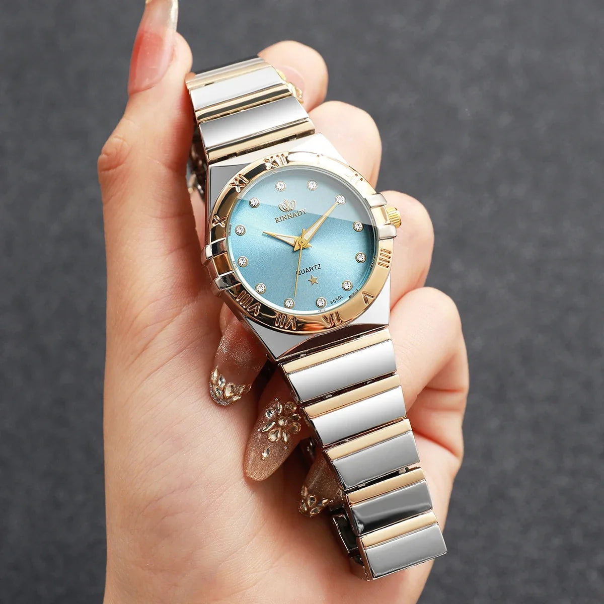 Women's Two-Tone Rhinestone Quartz Watch – Blue Dial Fashion Quartz Watch Qme