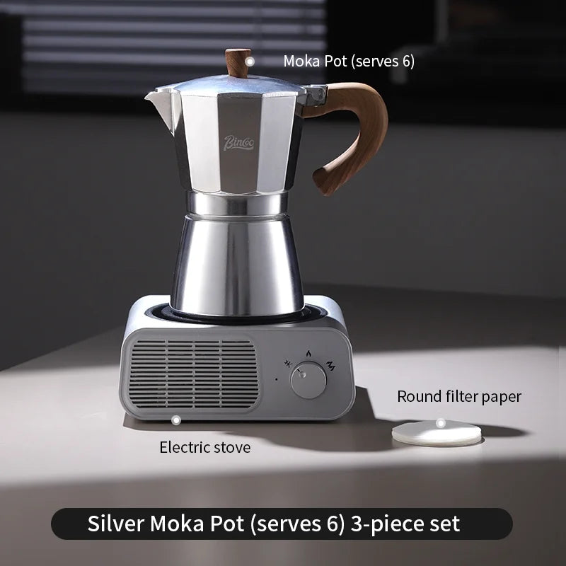 BINCOO Moka Pot Kit – Electric Heater & Manual Grinder Moka Pot Bundle Qst 3pcs Set-6cupS