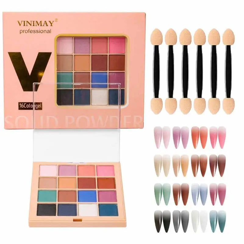 Gradient Nail Powder Palette – 16 Glitter Pigment Colors Nail Art Powder Set Qme