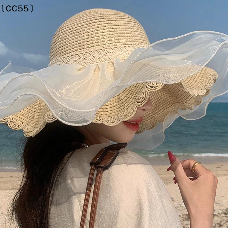 Women's Wide Brim Lace Bow Straw Sun Hat – Beach & Vacation Wide Brim Sun Hat Qst