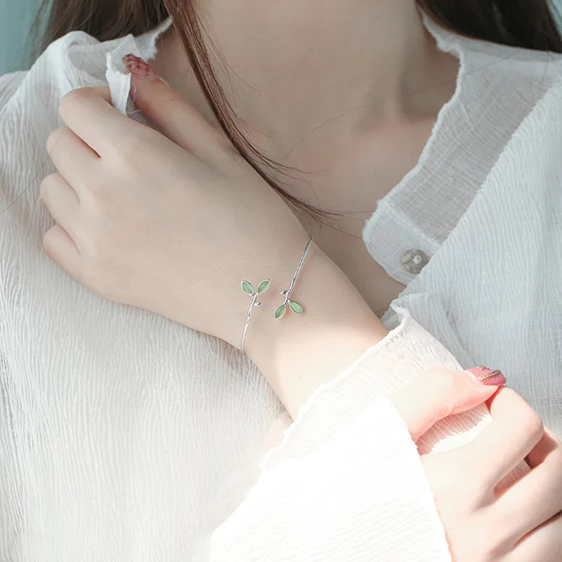 925 Silver Green Opal Leaf Bangle | Minimalist Women's Bracelet Silver Opal Bangle Qme