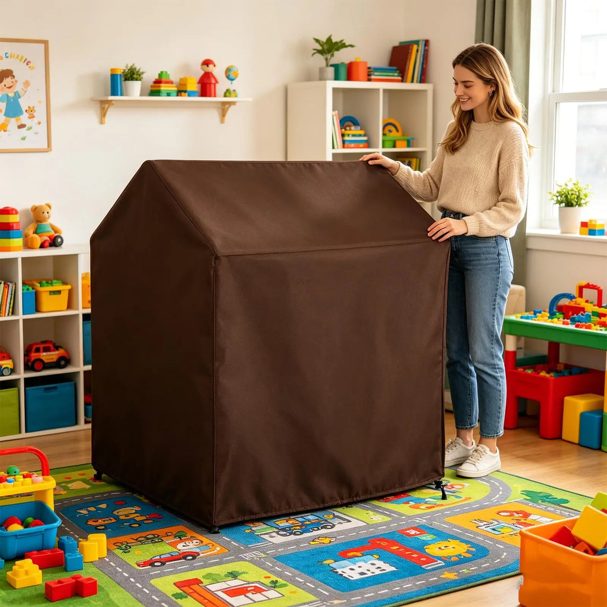 Playhouse Waterproof Tarp 210D Oxford Fabric Drawstring Cover Outdoor Playhouse Cover Qme