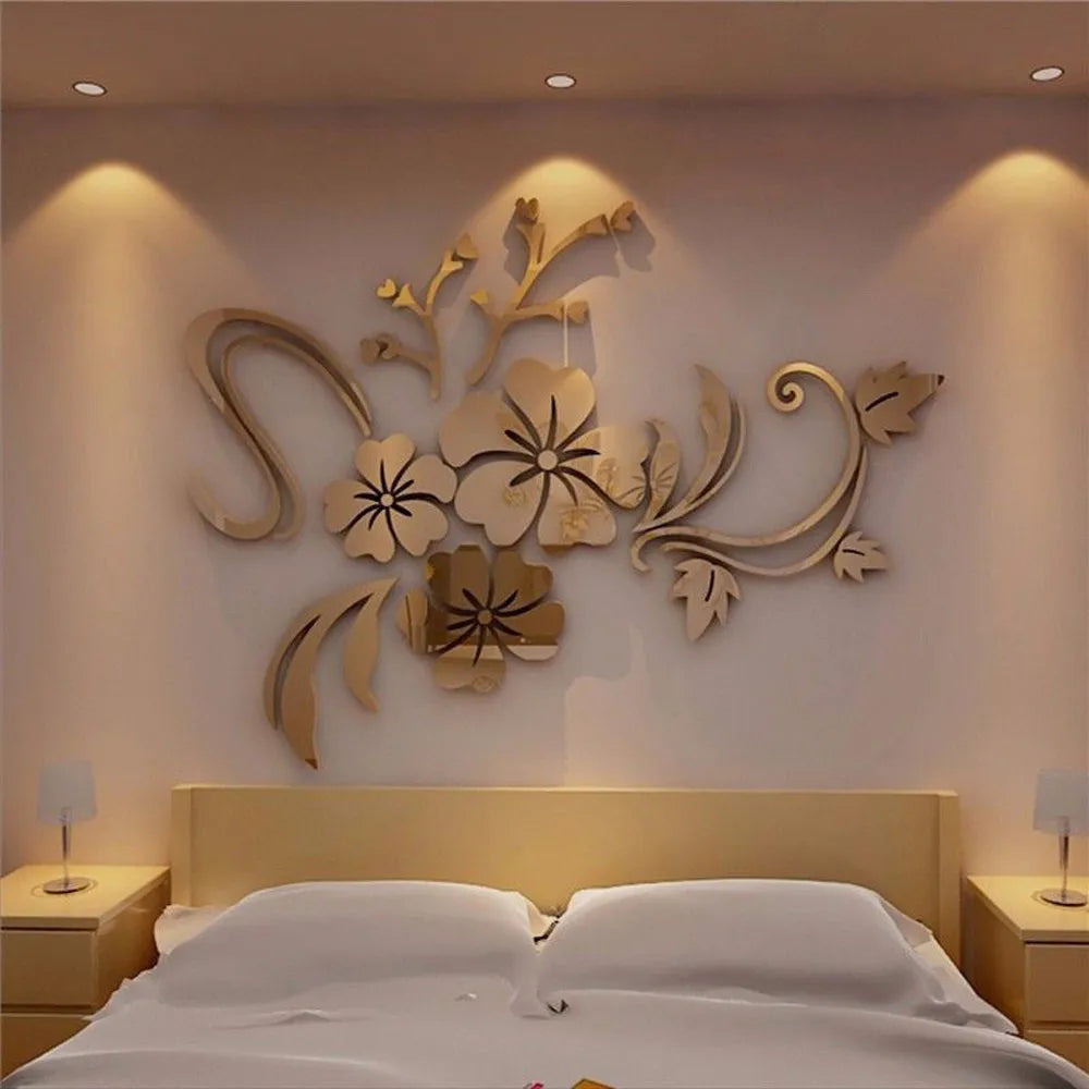 3D Mirror Floral Acrylic Wall Sticker – Removable Mural Decal Acrylic Wall Decal Qme
