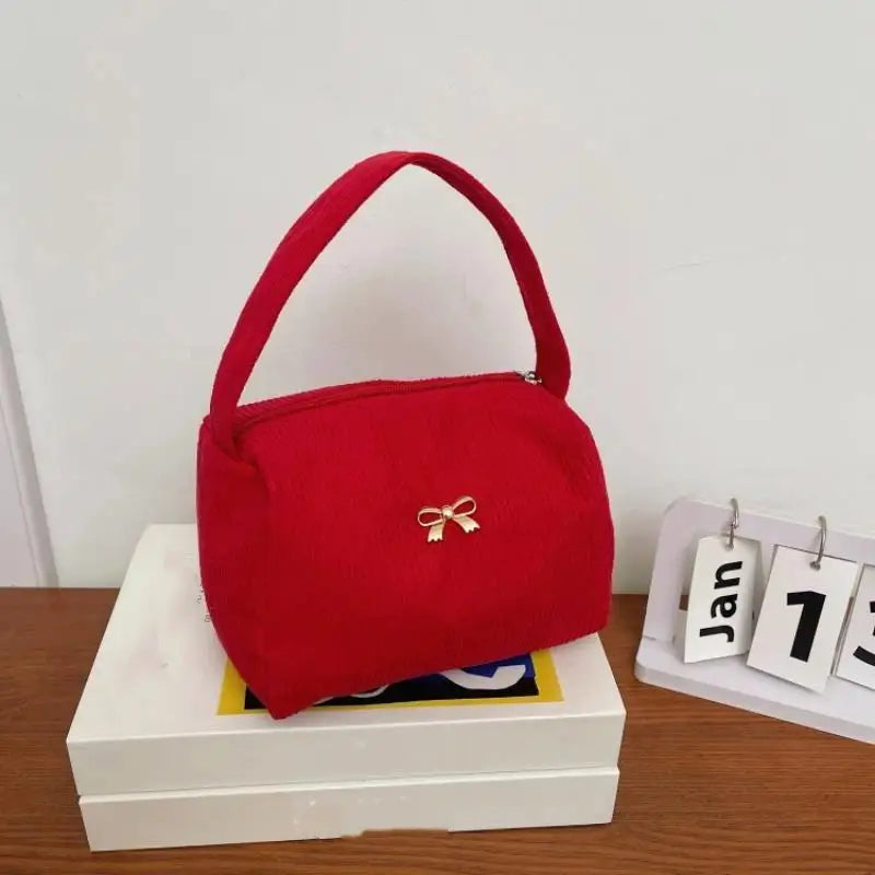 Women's Plush Corduroy Cosmetic Bag – Large Cute Handbag Cosmetic Handbag Qme Red