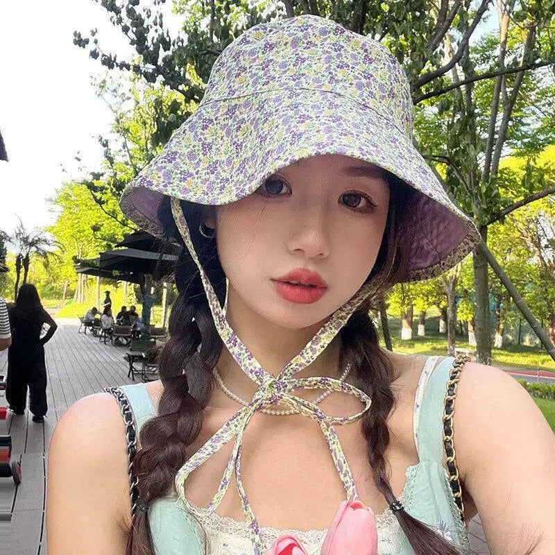 Women's Floral Double-Sided Bucket Hat – Wide Brim Sun Hat Bucket Hat Qst Purple