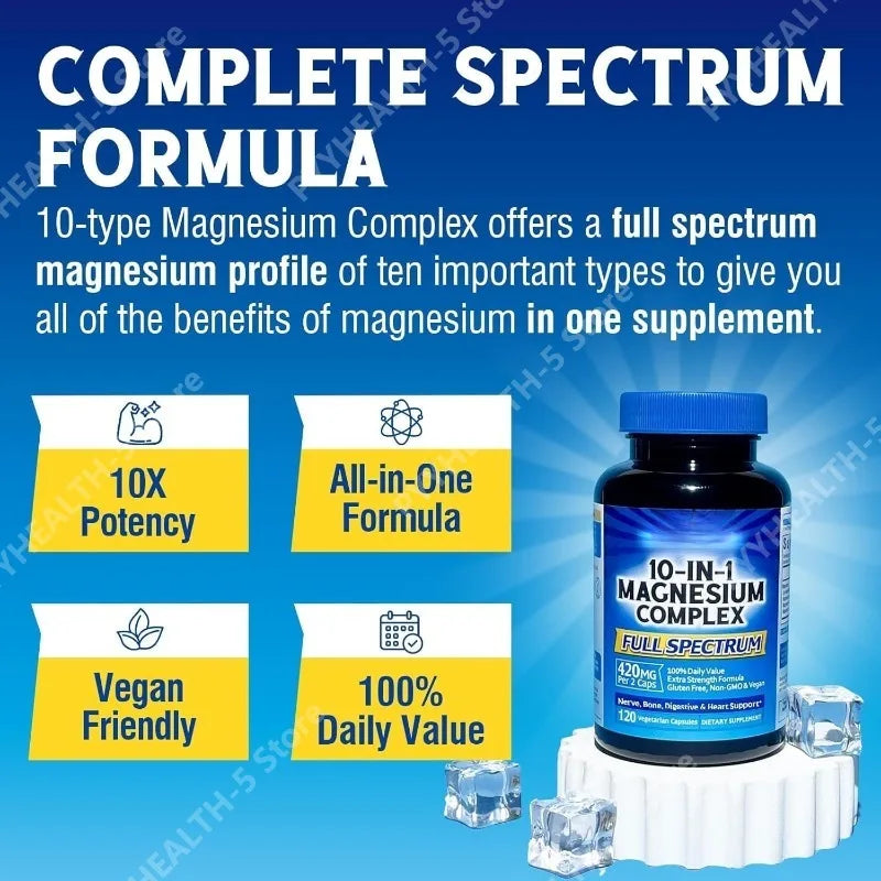 10-in-1 Chelated Magnesium Complex – 120 Capsules | Bone & Heart Magnesium Supplement Qst