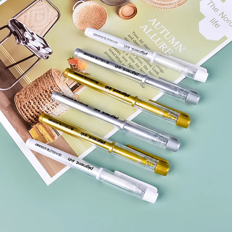 Metallic Gel Highlight Marker Pens – White, Gold & Silver Ink Metallic Gel Marker Pens Qme
