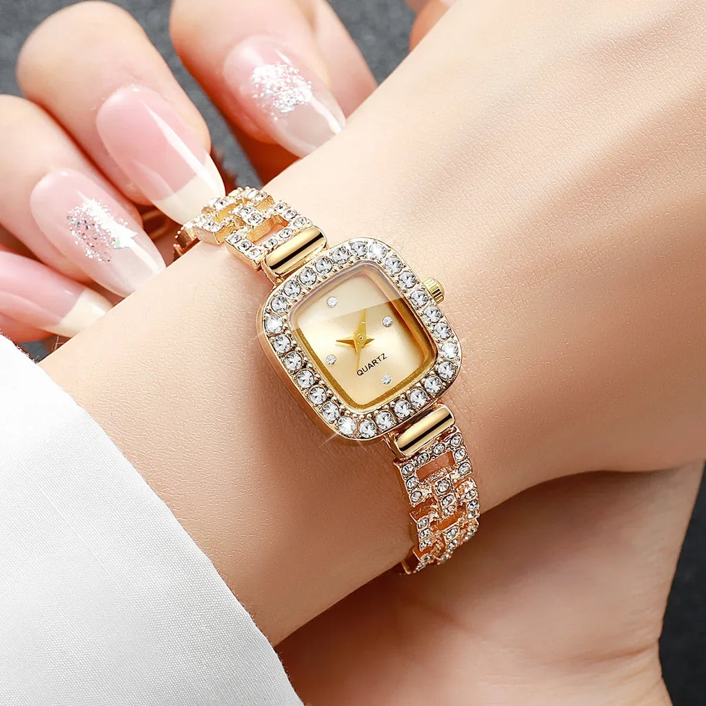 Women's Gold Square Rhinestone Bracelet Quartz Watch Bracelet Watch Qme