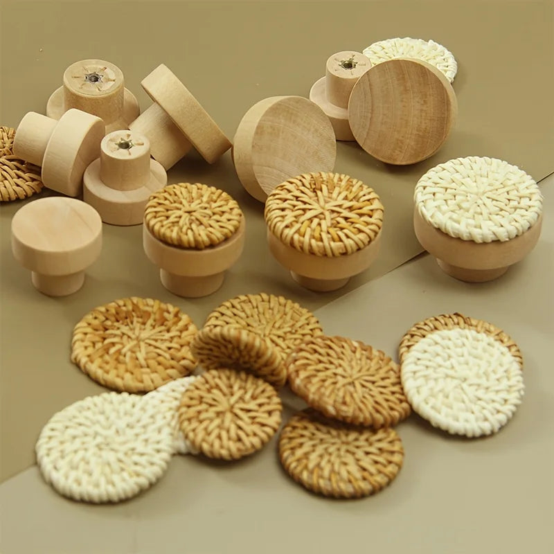 Woven Rattan Round Cabinet Handles Set of 10 – Wood Pulls Cabinet Handles Qme