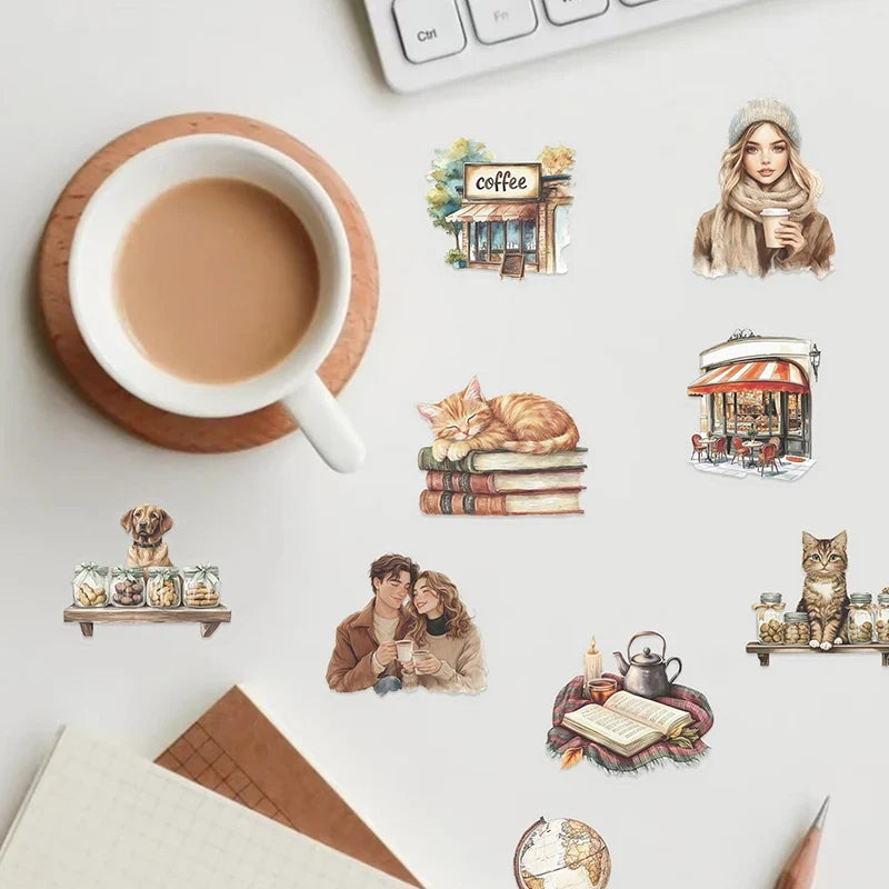 Retro Coffee Clip Stickers – Waterproof Aesthetic PET (50pcs) Decorative Stickers Qme