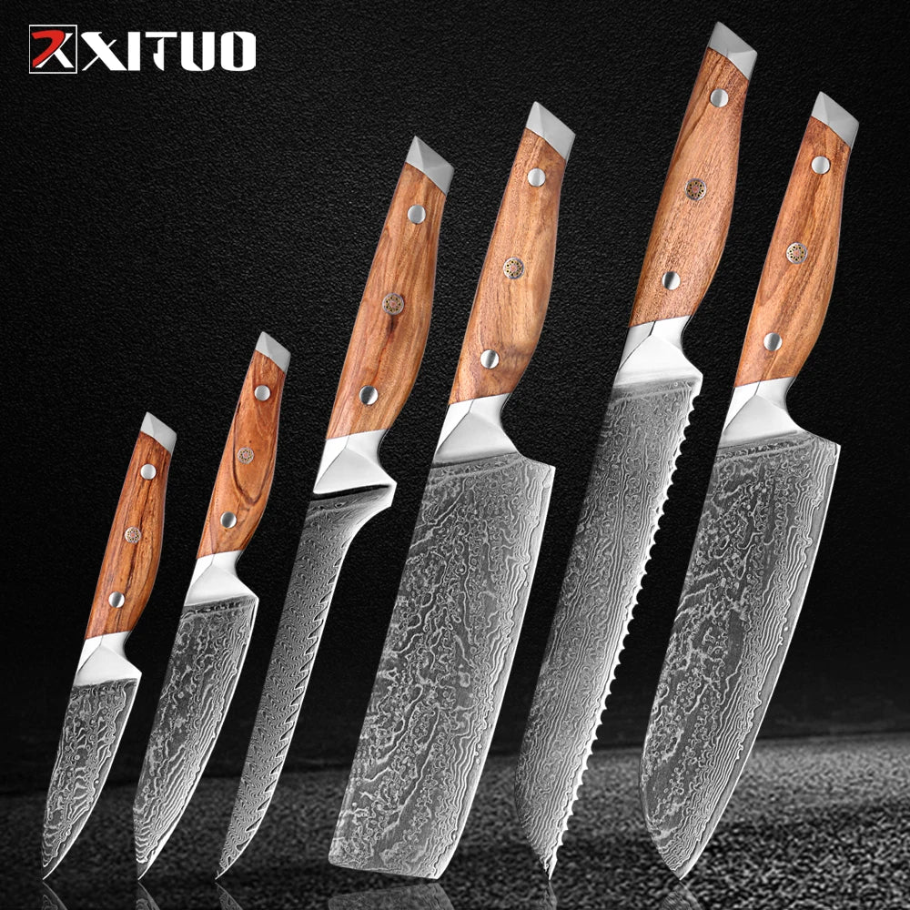 XITUO Damascus Steel Kitchen Knife Set – Olive Wood Handle Kitchen Knife Set Qst