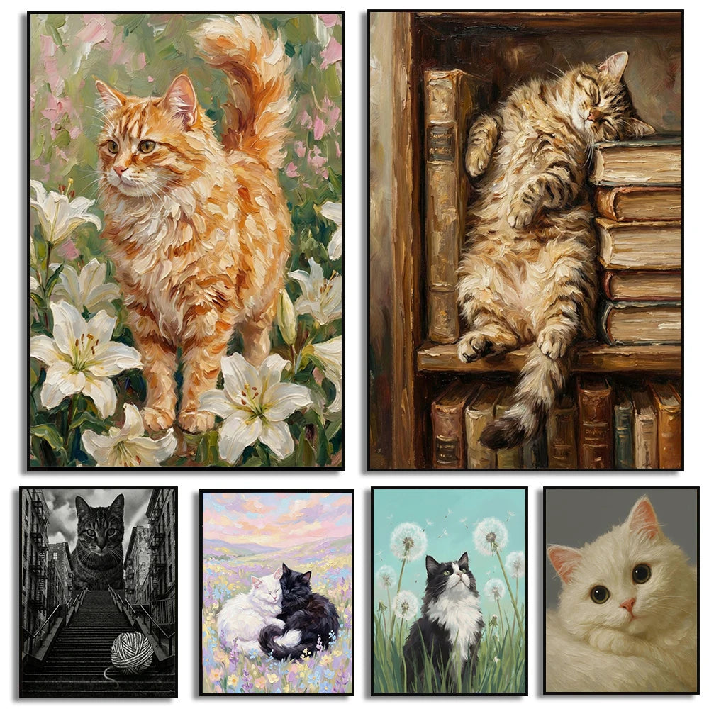 Quirky Cat Canvas Wall Art – Vintage Kitten Print Poster Canvas Wall Art Qst