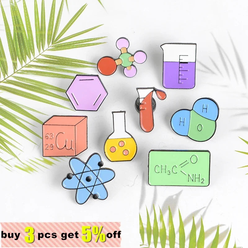Science Enamel Lapel Pins – Atomic Model, Flask & Chemical Symbol Enamel Lapel Pin Qme