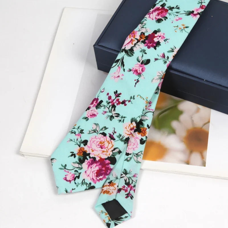 100% Cotton Floral Necktie – Elegant Flower Print, Men & Women Floral Cotton Necktie Qme