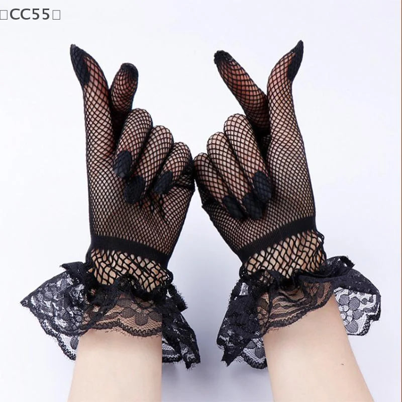Lolita Lace Full Finger Gloves – Fishnet Mesh UV Sun Gloves Lace Fashion Gloves Qst
