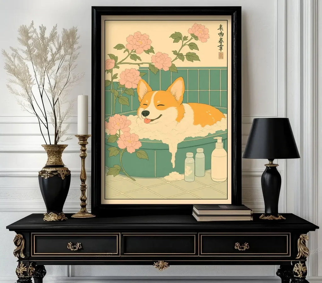 Ukiyo-e Corgi Bath Time Canvas Wall Art | Japanese Style Print Canvas Wall Art Qst