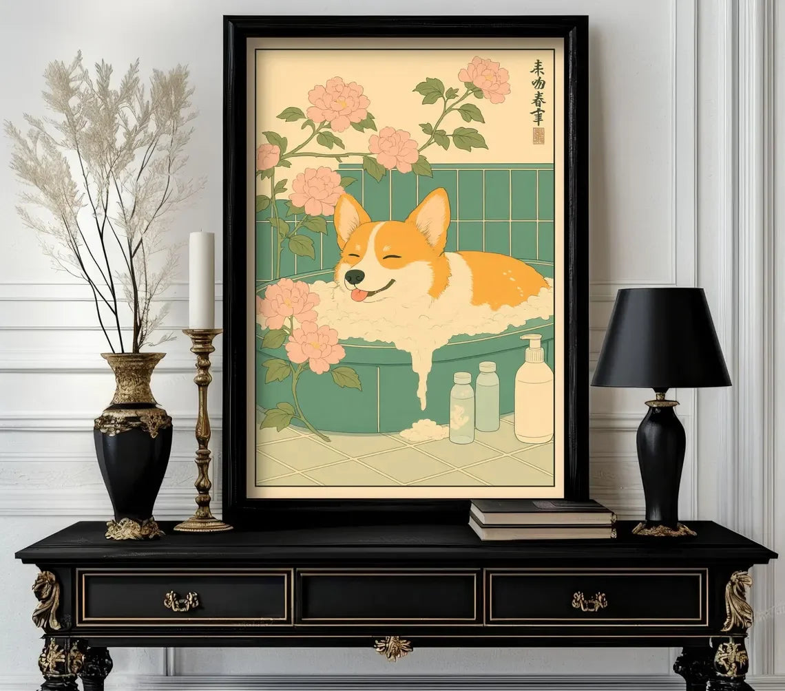 Ukiyo-e Corgi Bath Time Canvas Wall Art – Japanese Style Print Canvas Wall Art Qst